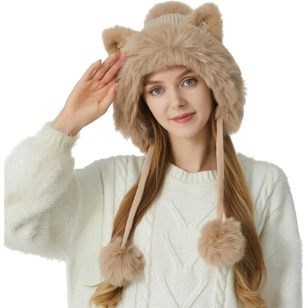 Women Khaki Solid Winter Peruvian Cover Ears Beanie Hat Ear Flaps Sherpa Snow